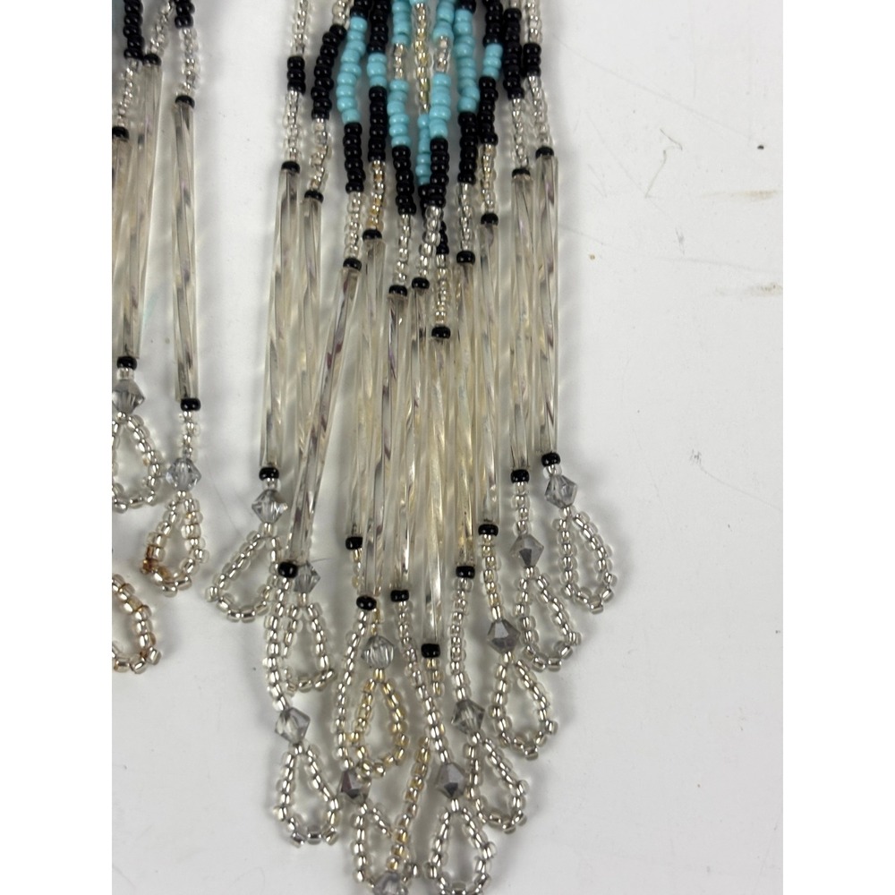 Vintage Beaded Fringe Statement Earrings Turquoise Black White Dangles Handmade - Picture 3 of 12